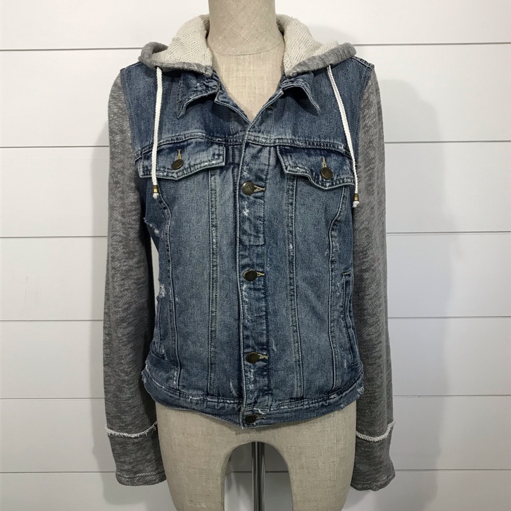 Free People Sweatshirt Hoodie Denim Jean Jacket LG